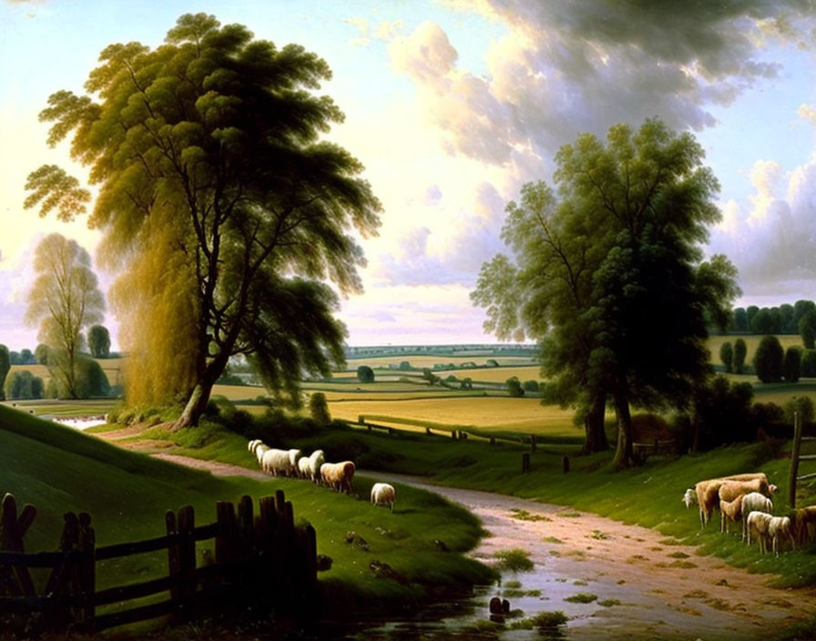 Tranquil landscape with sheep, stream, trees, fields, and sky