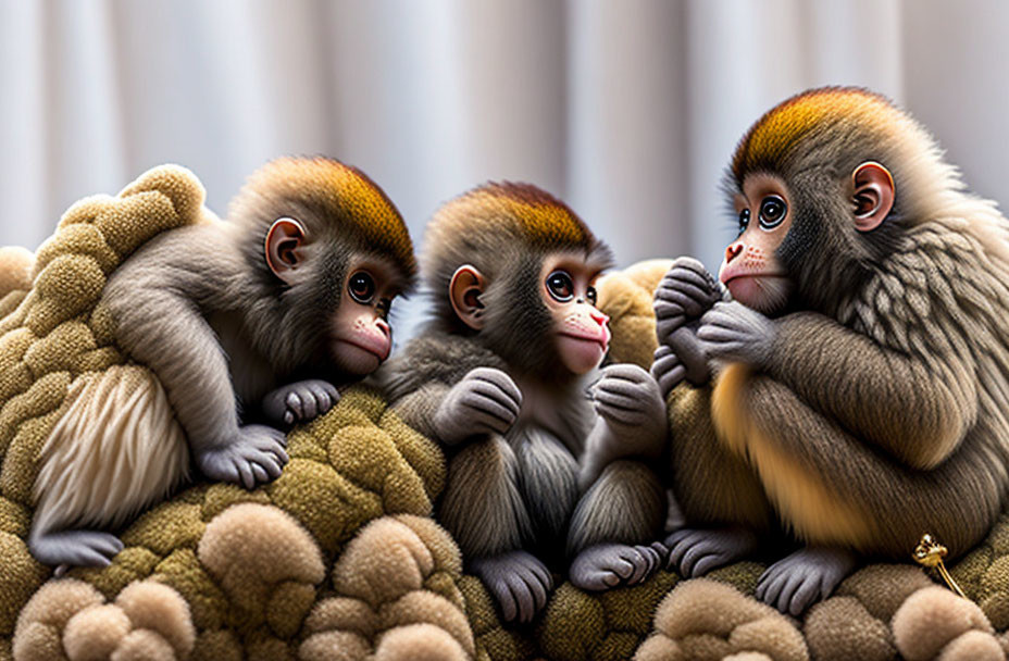 Three young snub-nosed monkeys with thick fur huddle together in a soft-focused setting