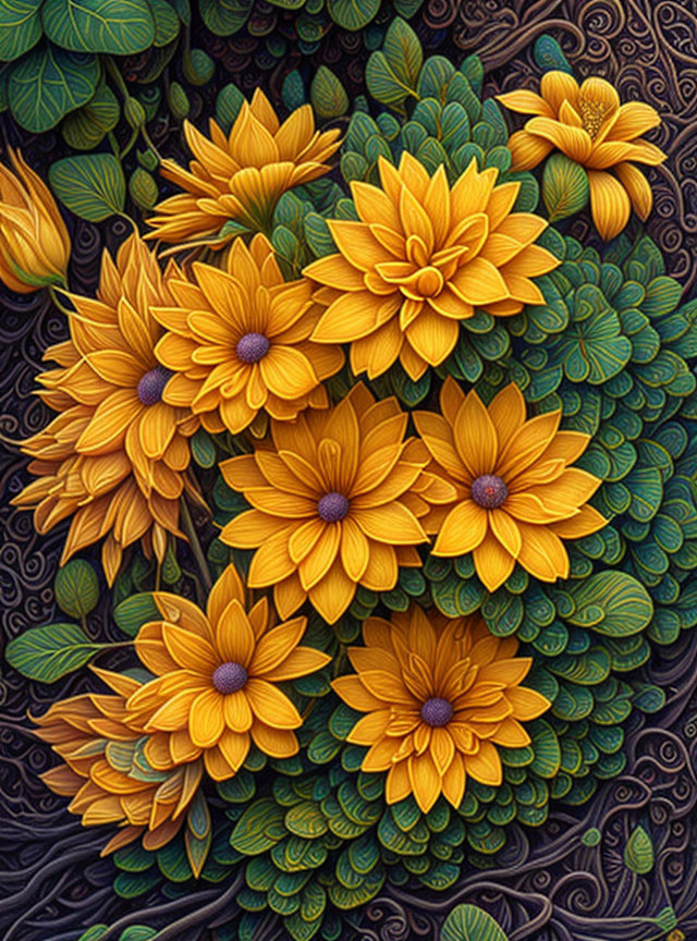 Bright Yellow Flowers Among Intricate Carvings on Dark Background