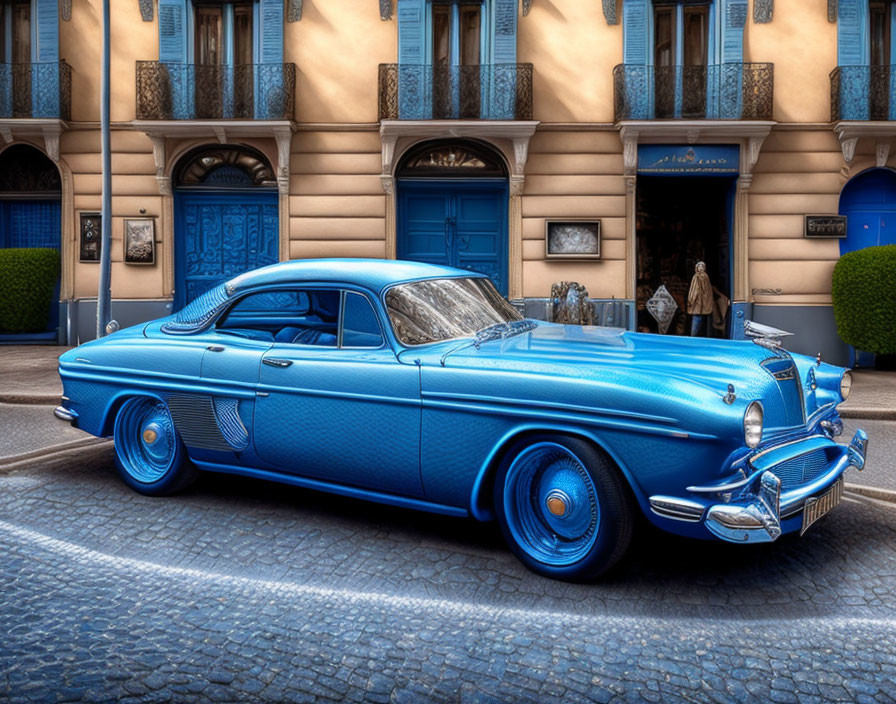 Vintage blue car with tailfins parked in front of European-style building.