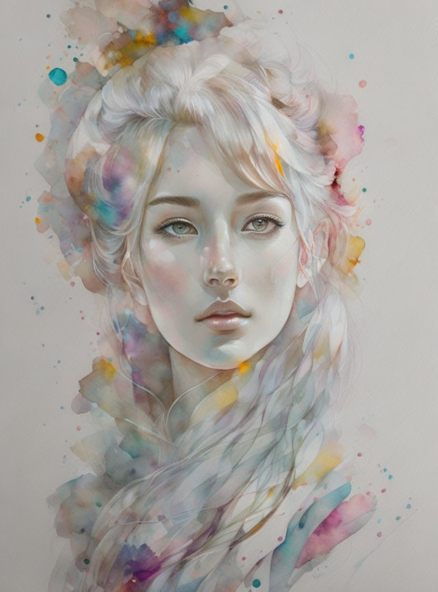 Ethereal watercolor painting of young woman with white hair