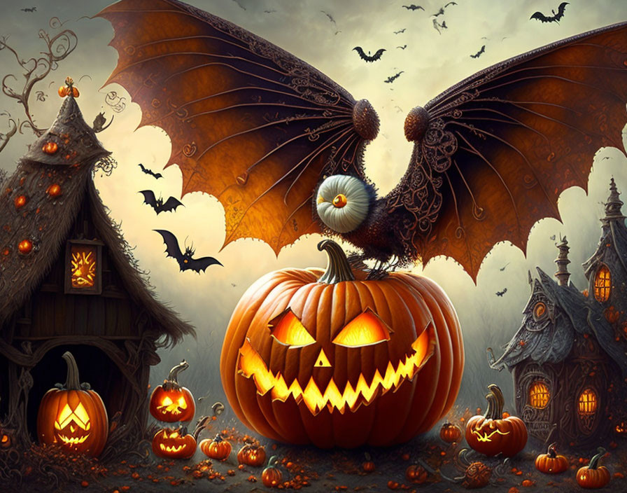 Whimsical Halloween-themed illustration with jack-o'-lanterns, owl, bats, haunted houses