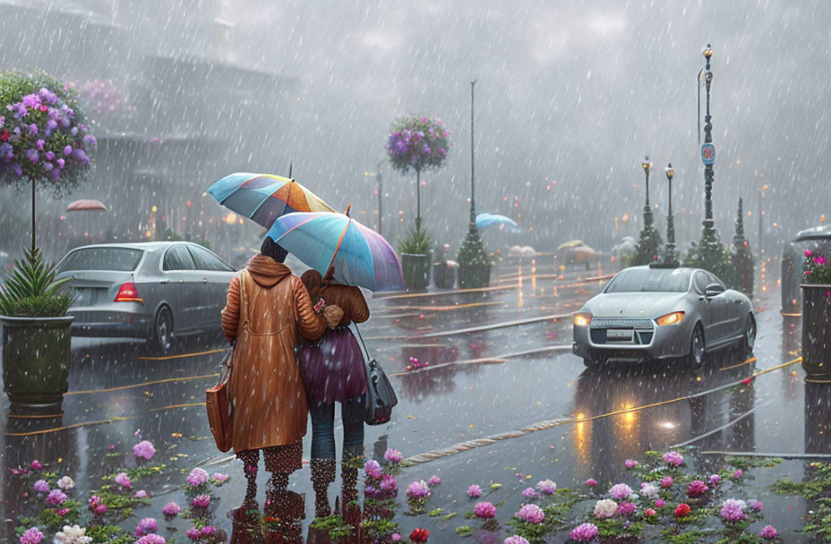 Pair under colorful umbrella in wet city street with blooming flowers