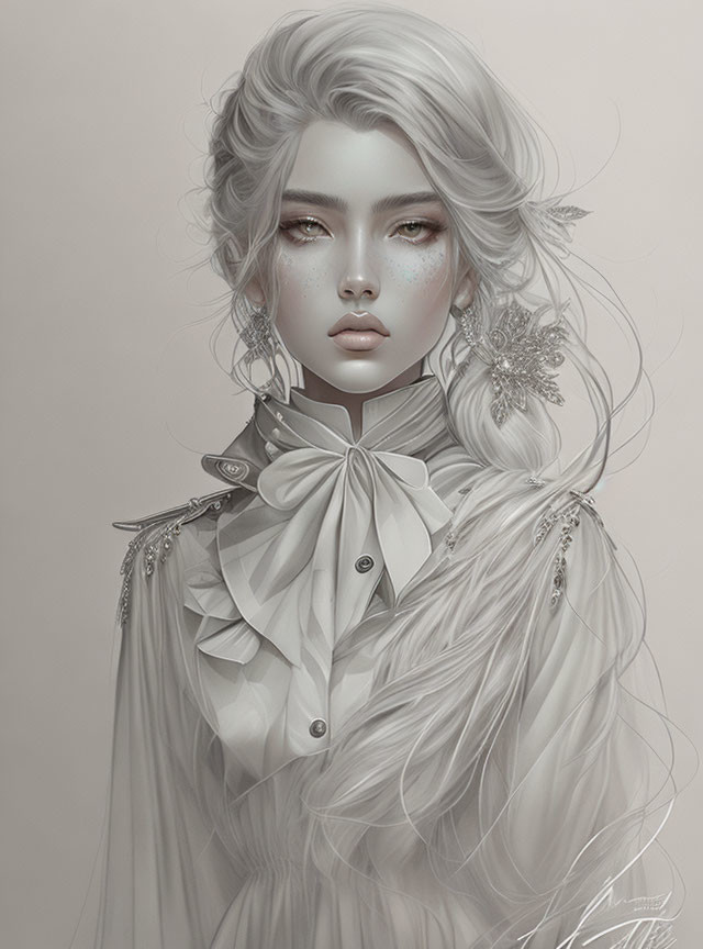 Illustrated portrait of ethereal woman with flowing white hair and delicate jewelry in grayscale.