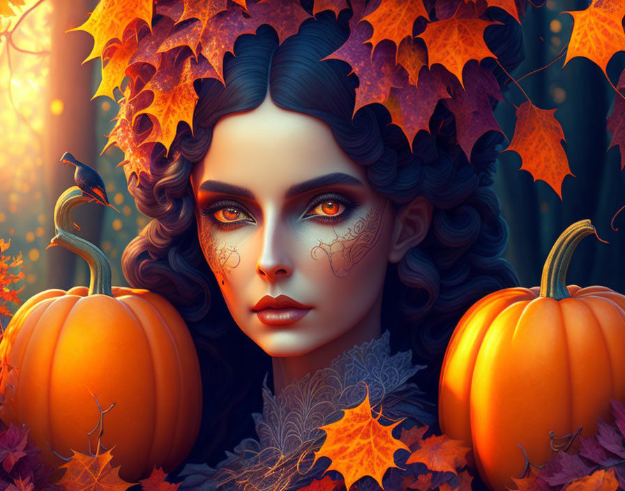 Autumn-themed woman portrait with pumpkins and maple leaves.