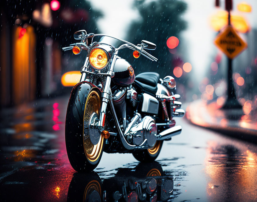 Vintage motorcycle in city rain with street lights & blurred sign