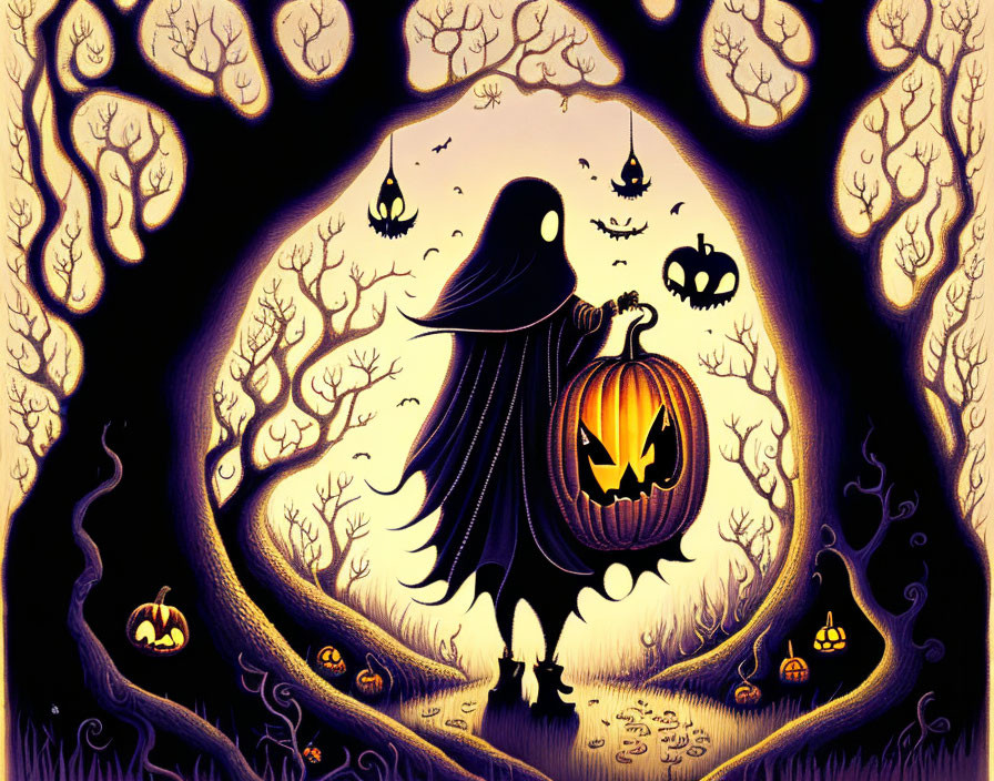 Cloaked Figure with Glowing Jack-o'-lantern in Spooky Forest