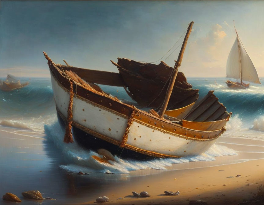 Oil painting of damaged boat on beach with sailing vessels in luminous sky