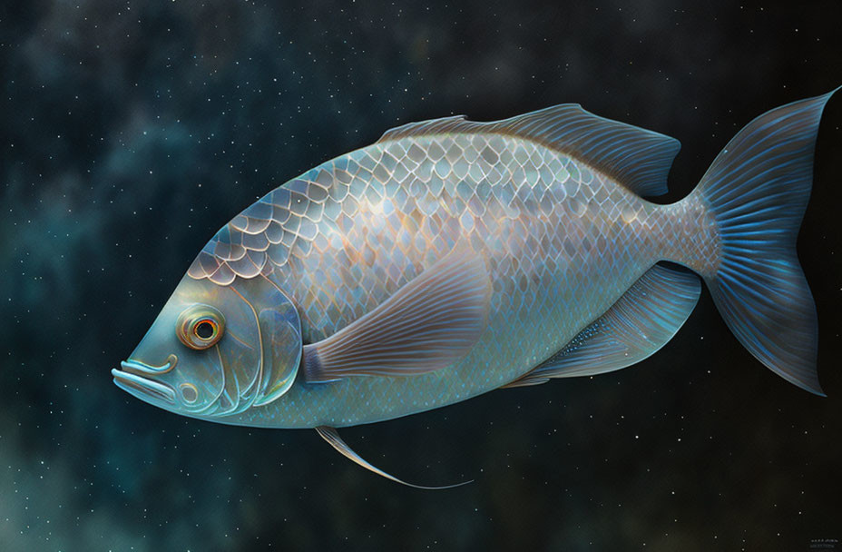 Blue Fish with Intricate Scales and Long Whiskers in Starry Underwater Scene