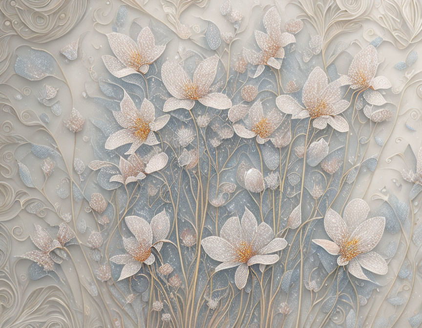 Intricate floral bas-relief with white blossoms on cream background