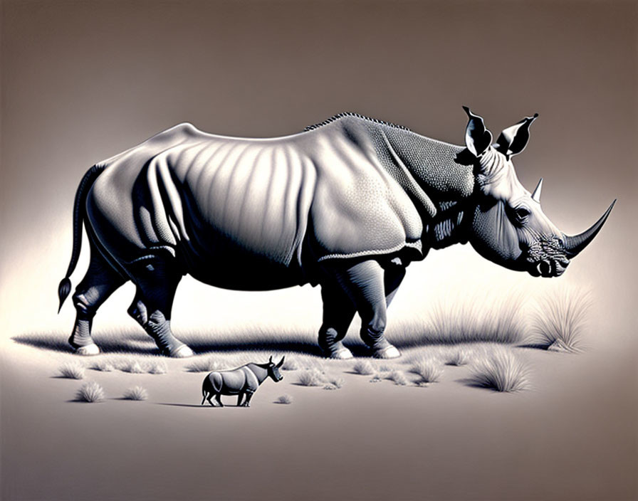 Monochromatic image featuring rhino, birds, and rodent