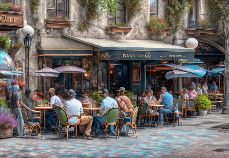 Outdoor Café Scene with Umbrellas and Vibrant Flowers