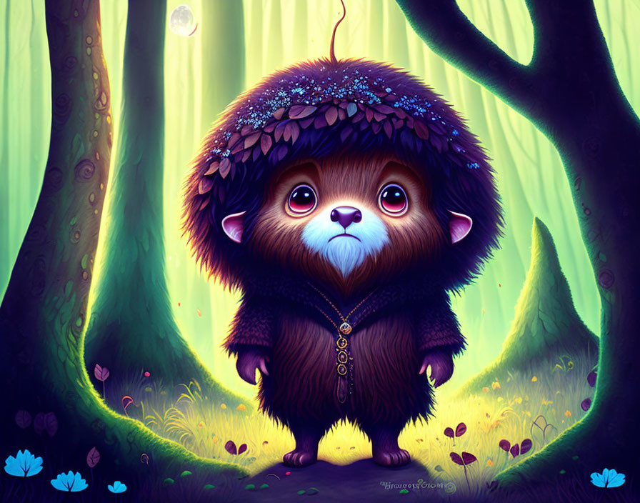 Illustration of cute, big-eyed creature in enchanted forest