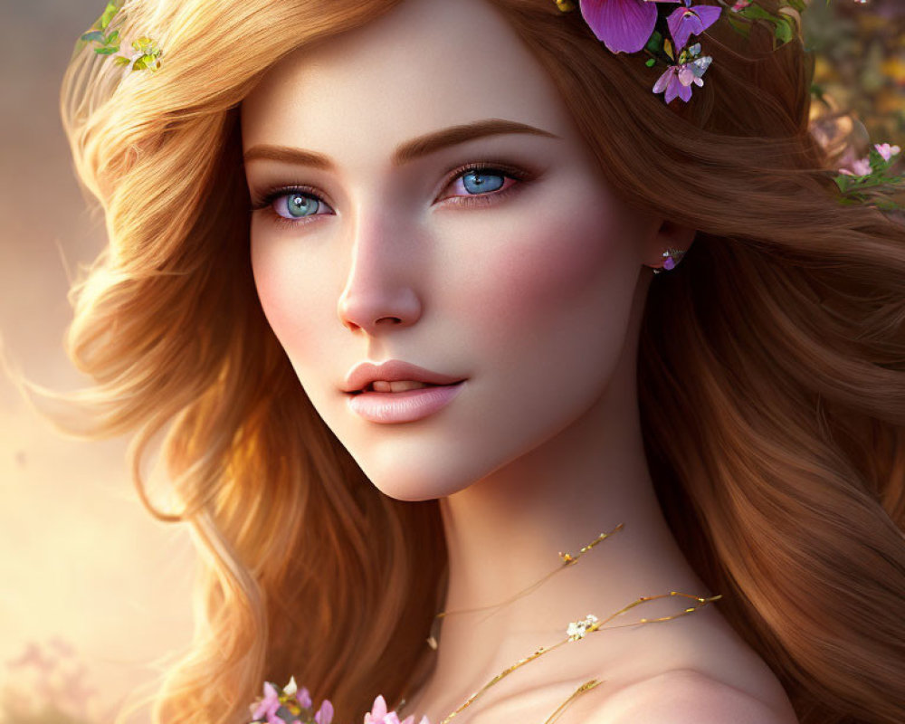 Digital portrait of woman with auburn hair, pink flowers, and blue eyes against warm background