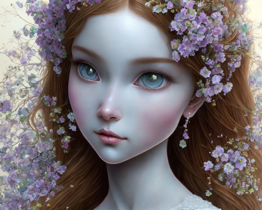 Digital portrait of young woman with blue eyes and red hair wearing purple flower wreath