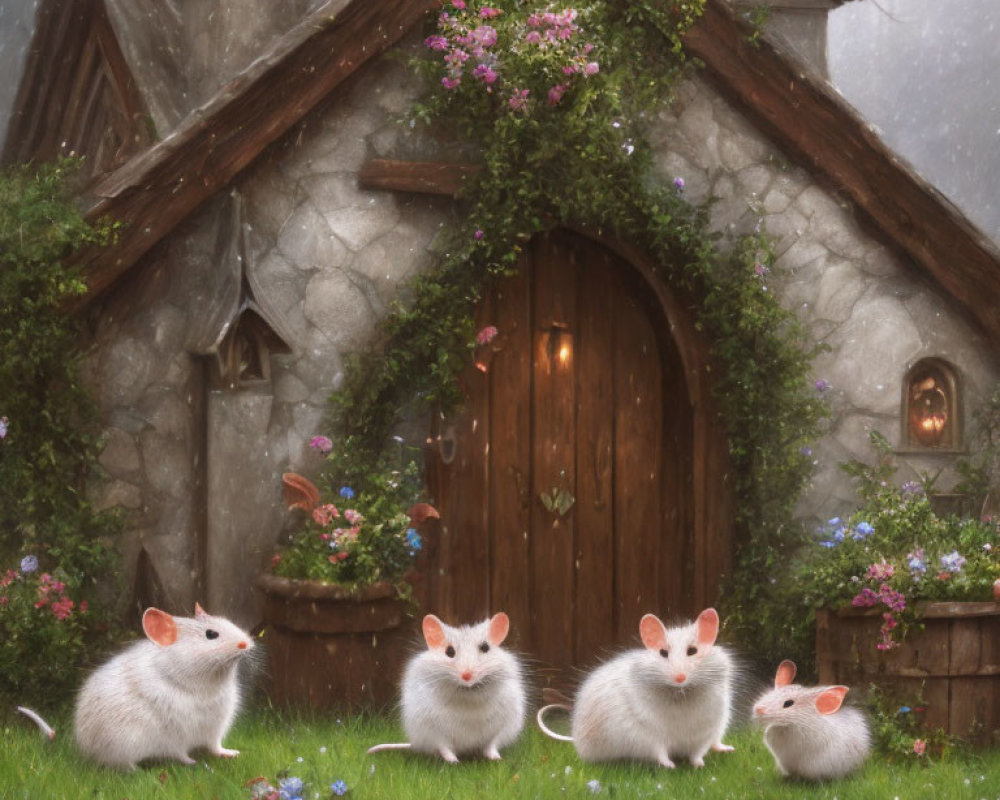 Four Cartoon Mice Outside Ivy-Covered Stone Cottage