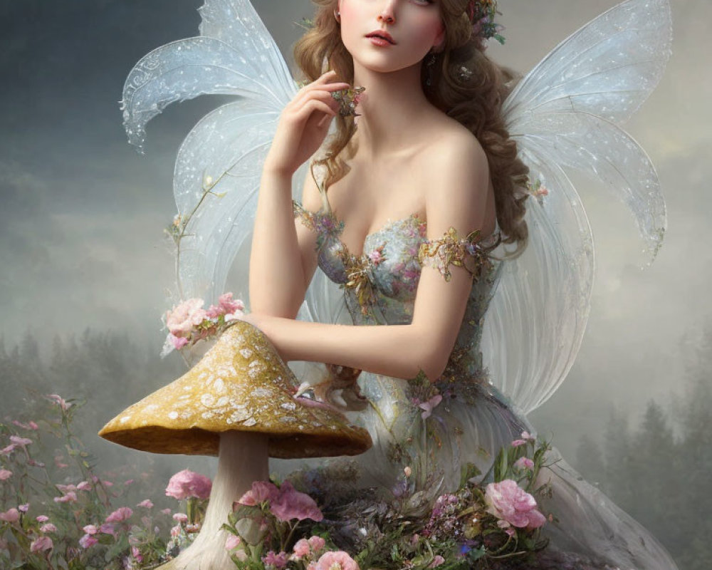 Fairy with gossamer wings on mushroom in misty setting