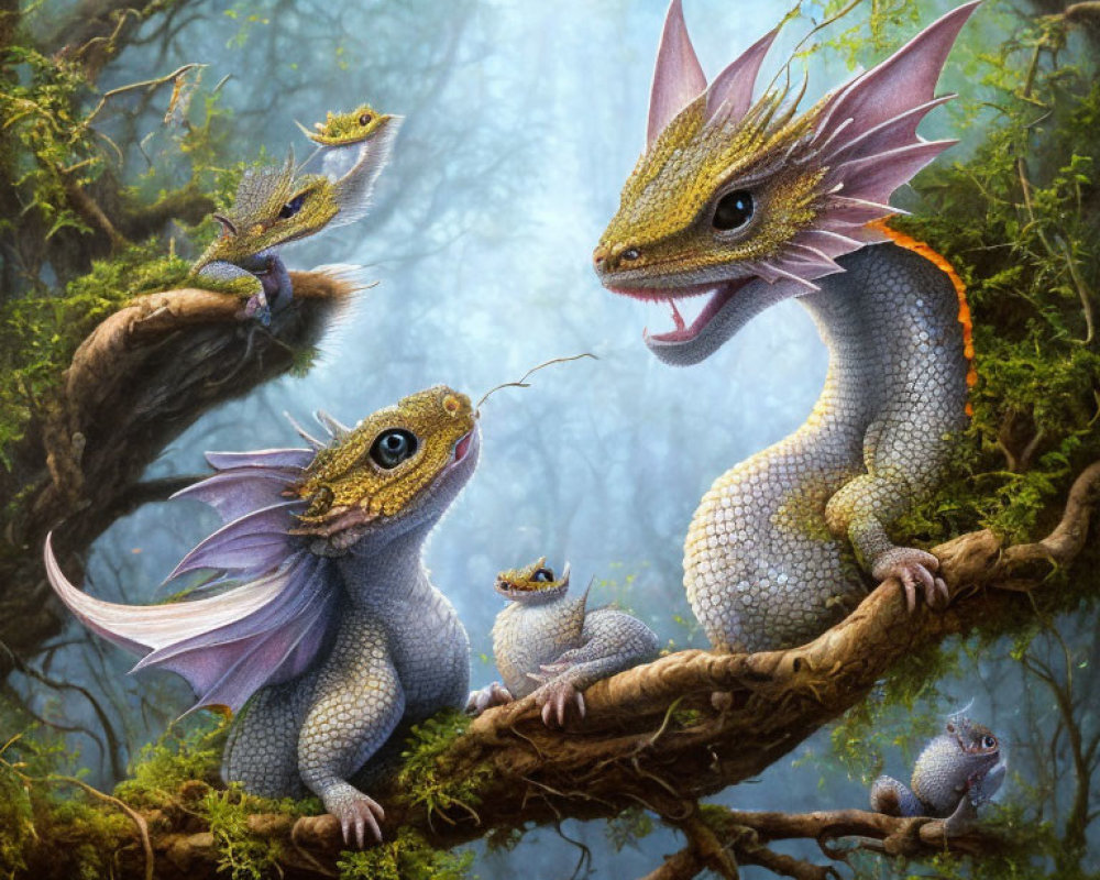 Fantastical purple-winged dragons in misty forest scene