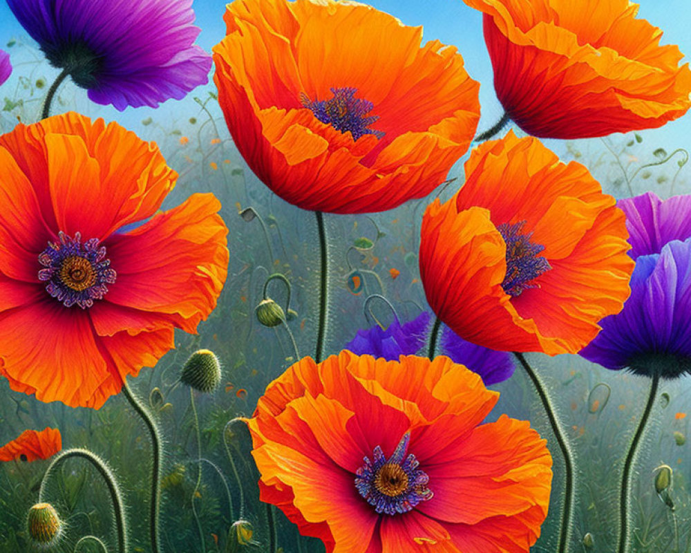 Colorful Orange and Purple Poppies Against Blue Sky with Green Stems