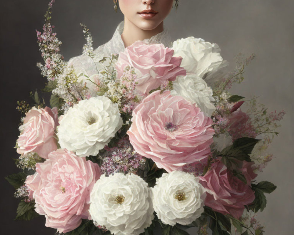 Portrait of Woman with Pink and White Roses and Greenery