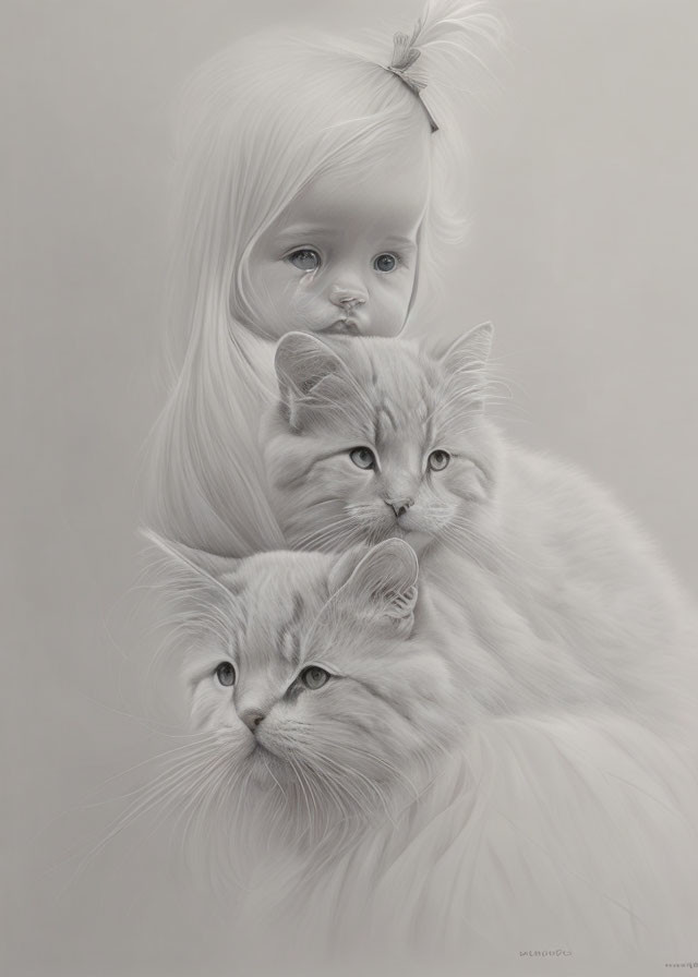 Monochrome illustration of young girl with long hair holding two fluffy cats