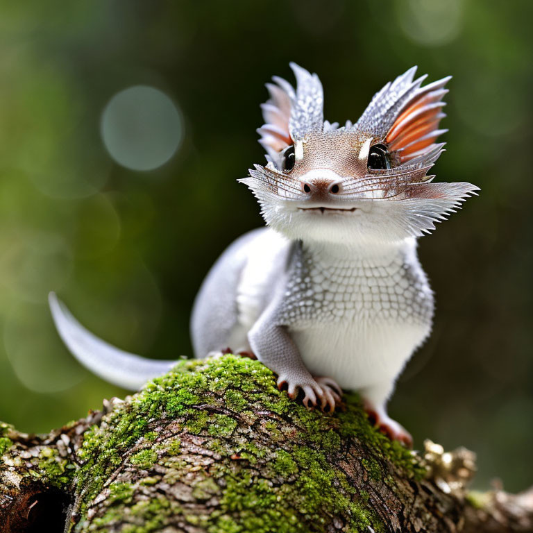 Digital creature with squirrel and dragon features on tree branch in soft-focus backdrop