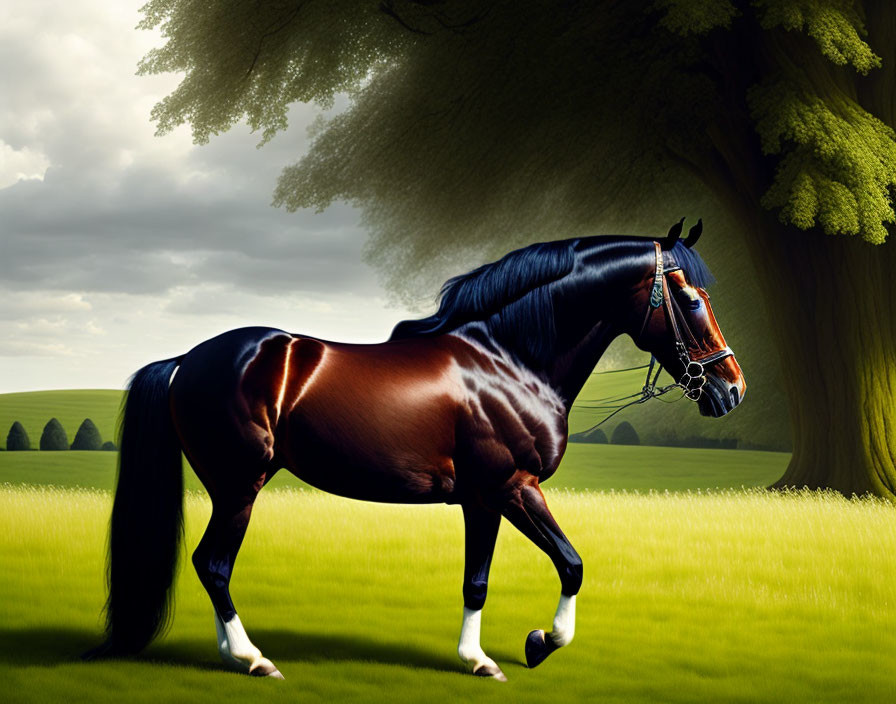 Brown horse with black mane in bridle on green meadow