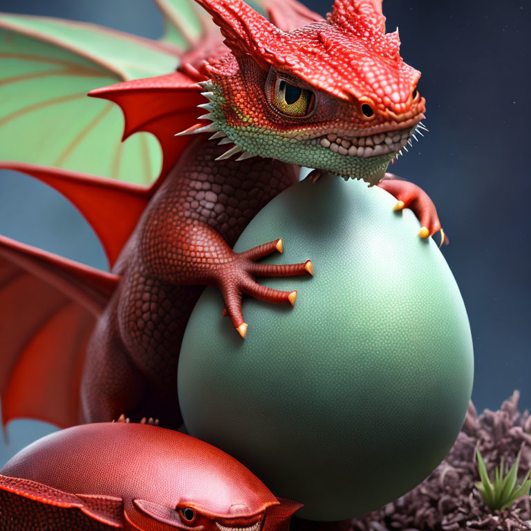 Detailed red dragon hugging green egg on grey background