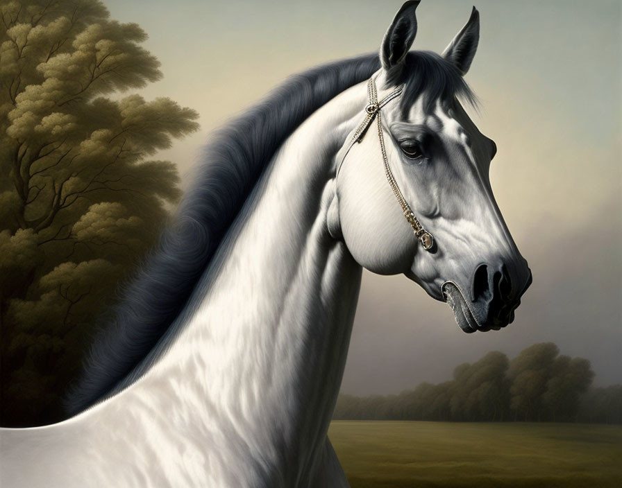 White horse with dark mane and golden bridle in serene landscape