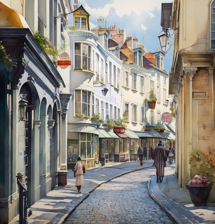 Sunlit European alley with cobbled streets and charming shops, people strolling by