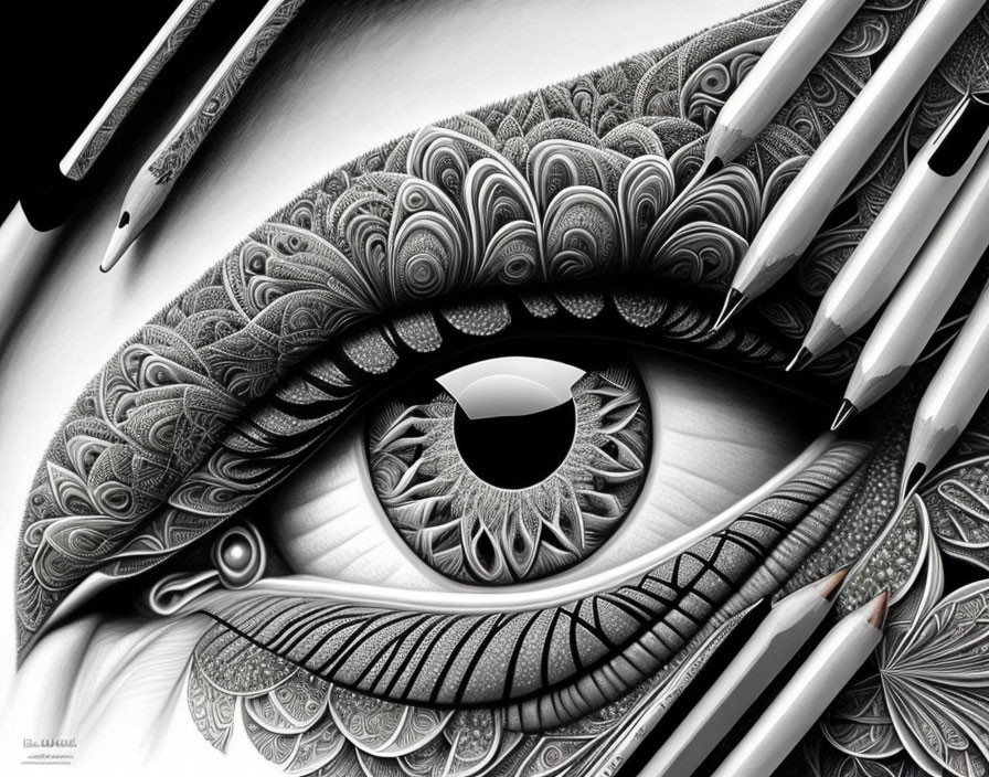 Detailed Monochrome Digital Illustration of Eye with Intricate Patterns