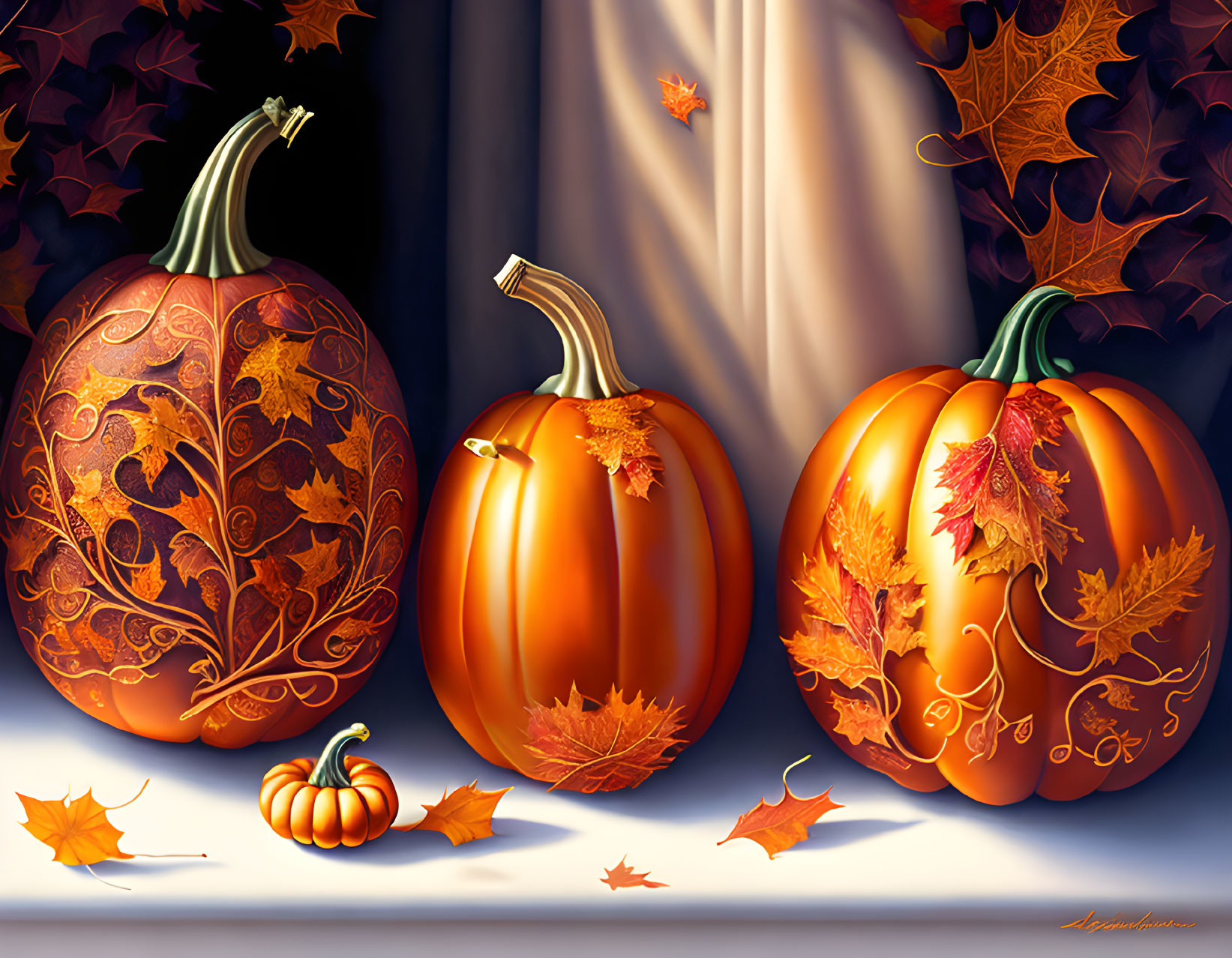 Ornately Decorated Pumpkins with Autumn Leaves on Draped Cloth Background