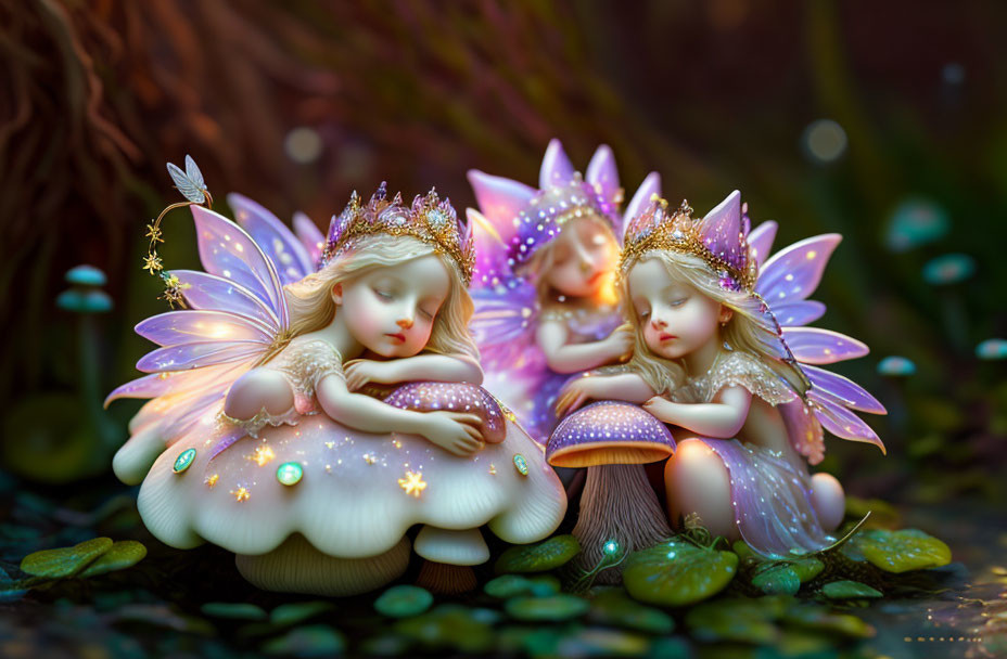 Three whimsical fairies with luminous wings and sparkly tiaras in a twilight forest.