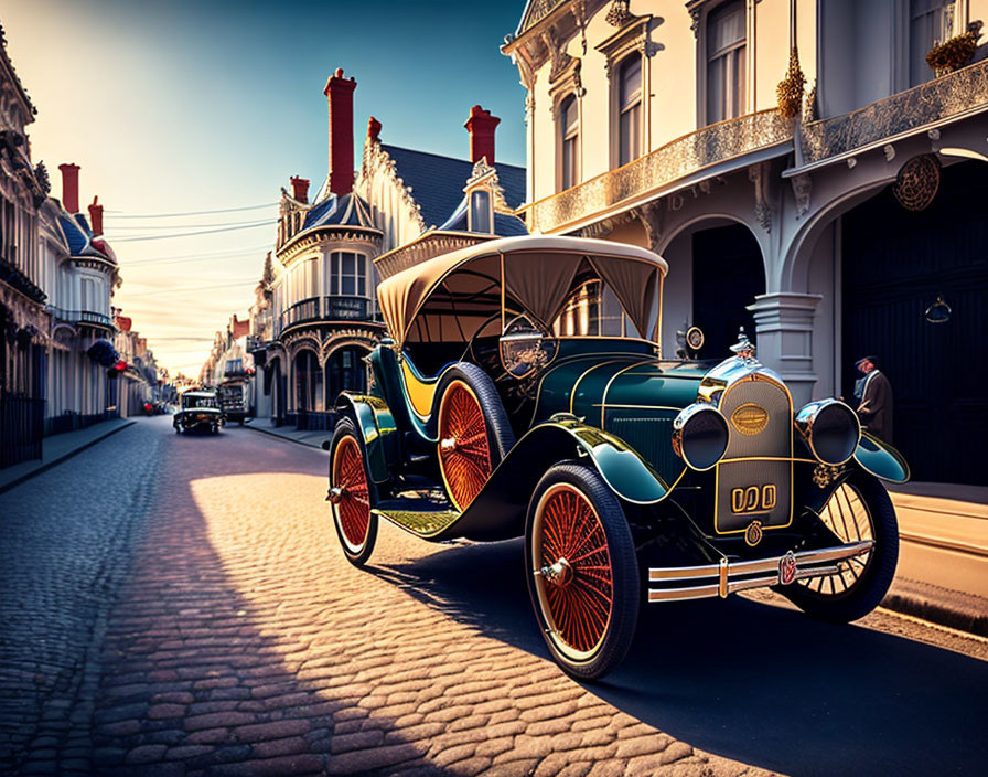 Classic Car Parked on Cobblestone Street with Ornate Buildings at Sunset