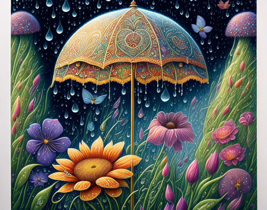 Colorful umbrella in rain shower with lush flora, water droplets, and butterflies.