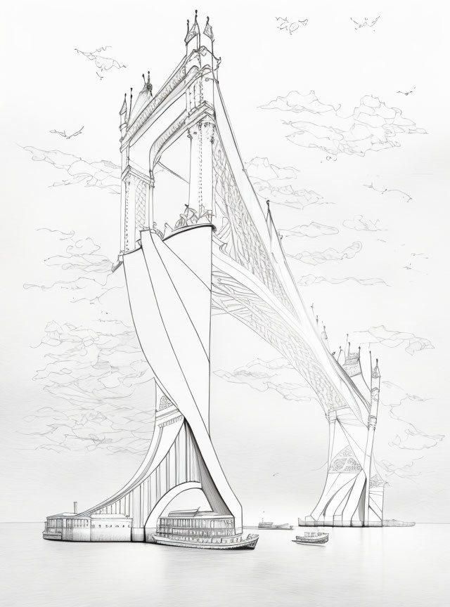 Detailed sketch of suspension bridge with towers, cables, boats, clouds, and birds.