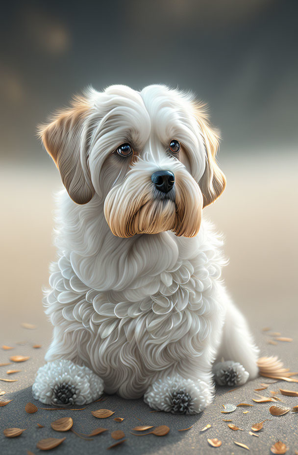 Fluffy White Dog with Tan Facial Markings on Sandy Surface