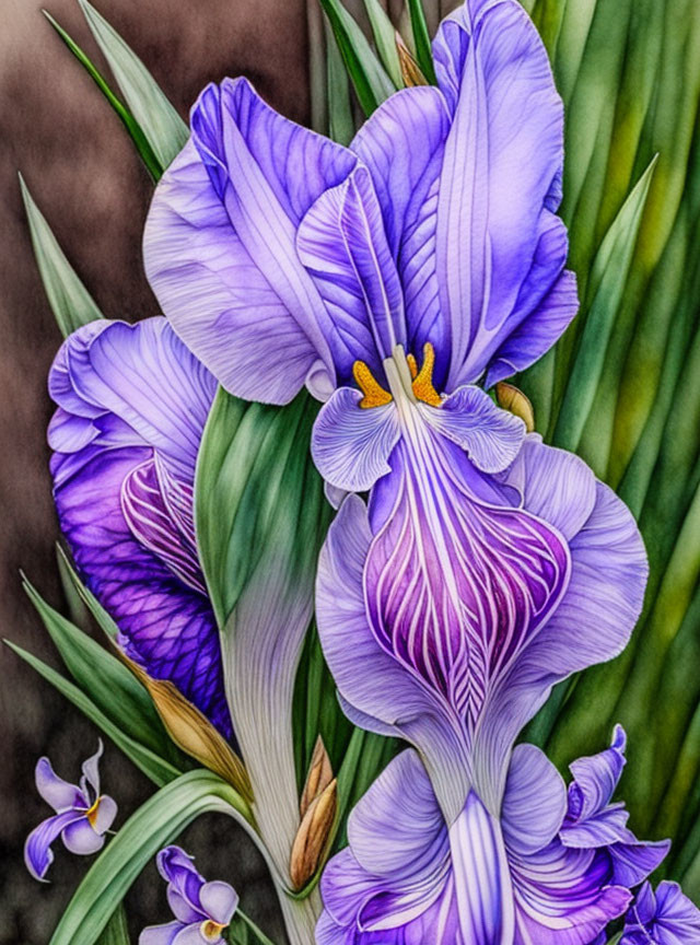 Purple Iris Flowers with White Patterns on Petals and Green Leaves on Brown Background