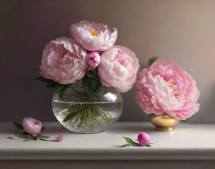 Pink peonies in transparent bowl and golden vase on surface