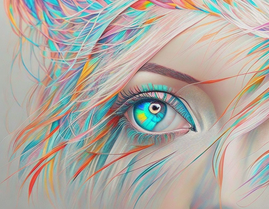 Colorful digital artwork of eye with blue iris and vibrant hair strands