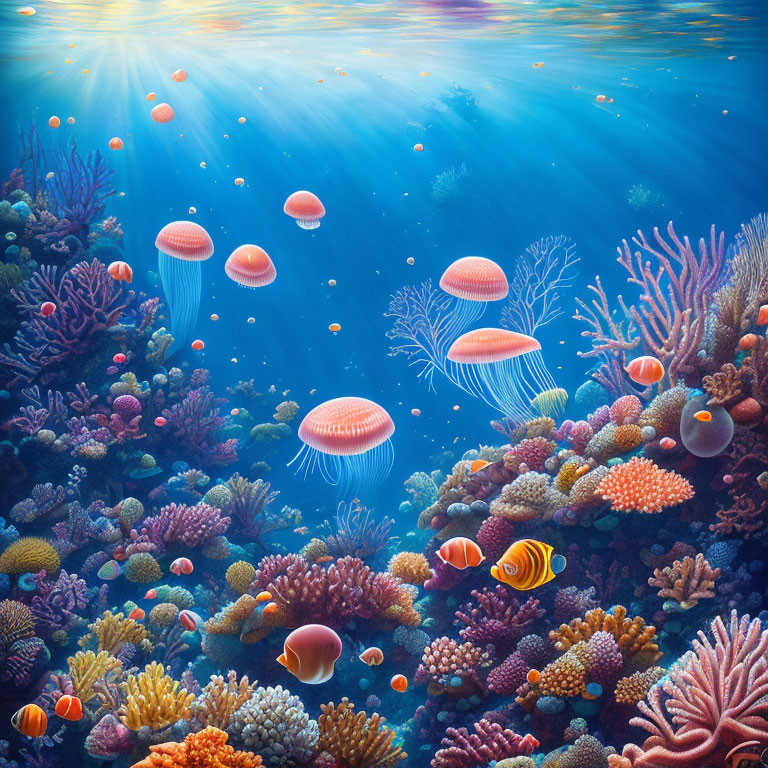 Colorful Underwater Scene with Jellyfish and Diverse Coral Landscape