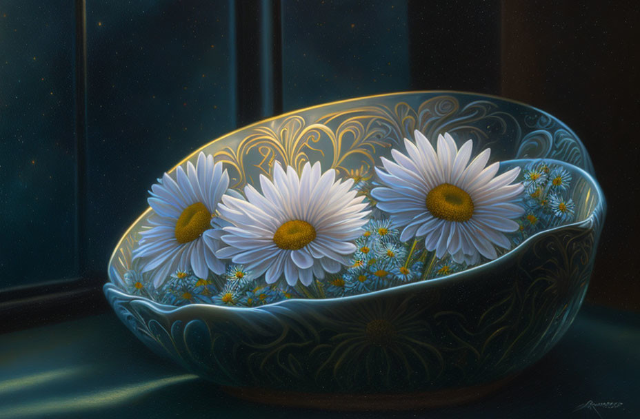 Decorative bowl with floating daisies by window with starry night sky