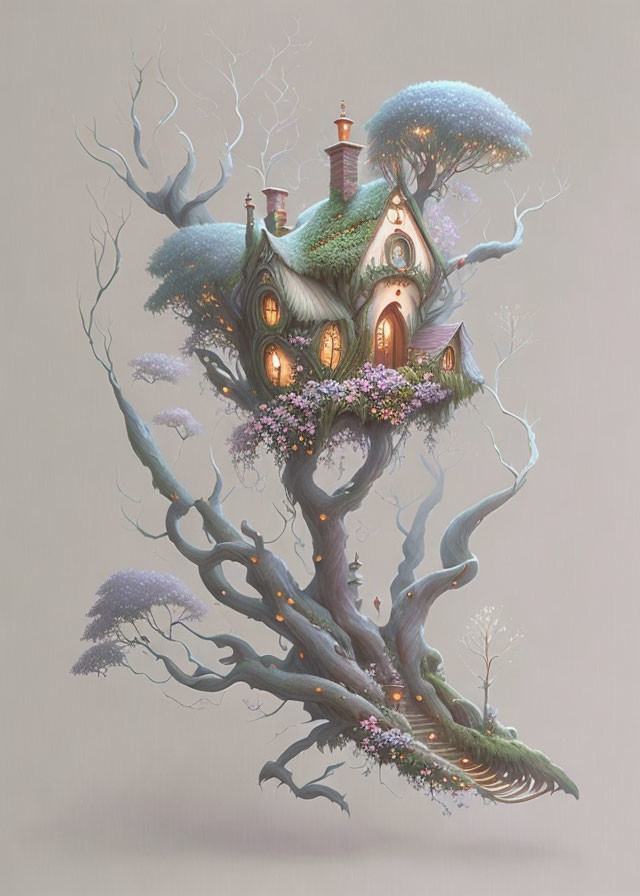 Illustration: Whimsical fairy tale house in magical tree with glowing windows.