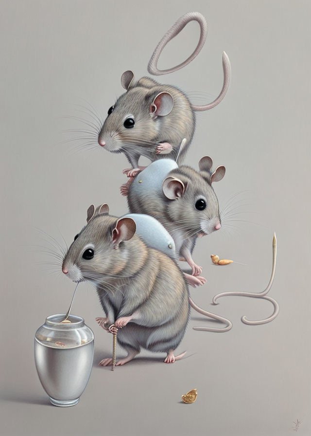 Photorealistic mice in vertical row with spilled metal container and seeds