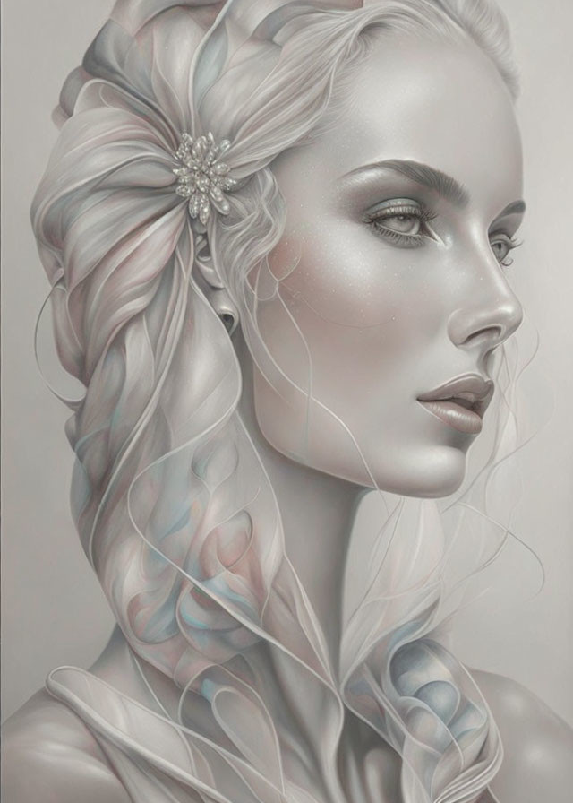 Woman with Intricate Hair and Flower in Pastel Hues