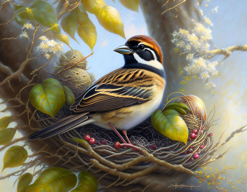 Detailed painting of sparrow on nest surrounded by branches, leaves, flowers, and berries.