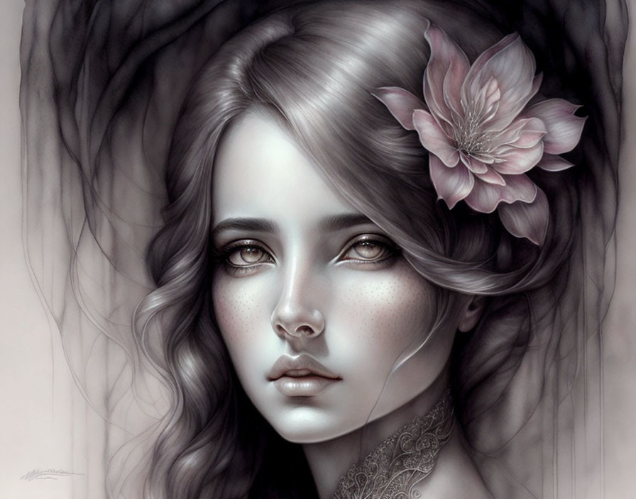 Monochromatic portrait of a woman with wavy hair and intense eyes, adorned with a pink flower