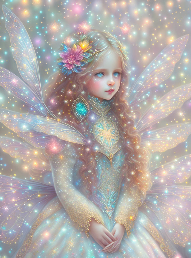 Young female fairy with iridescent wings and floral attire