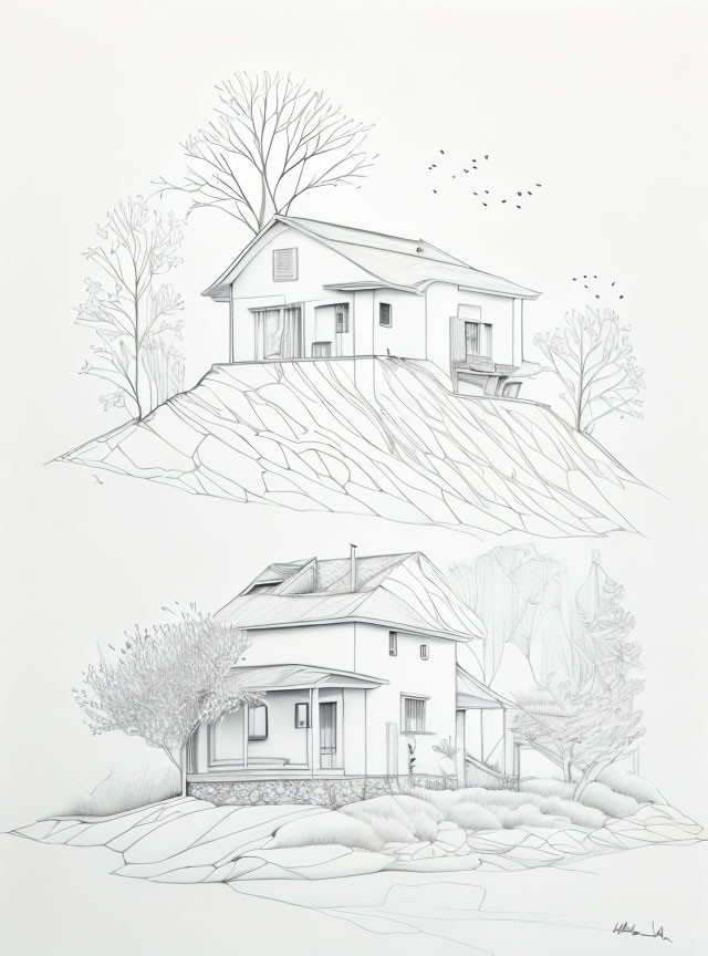 Detailed pencil sketches: House on sloped terrain, trees, shrubs, birds in the sky.