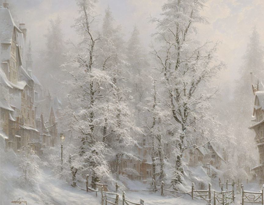 Snow-covered trees and lamp-lit pathway in misty winter village